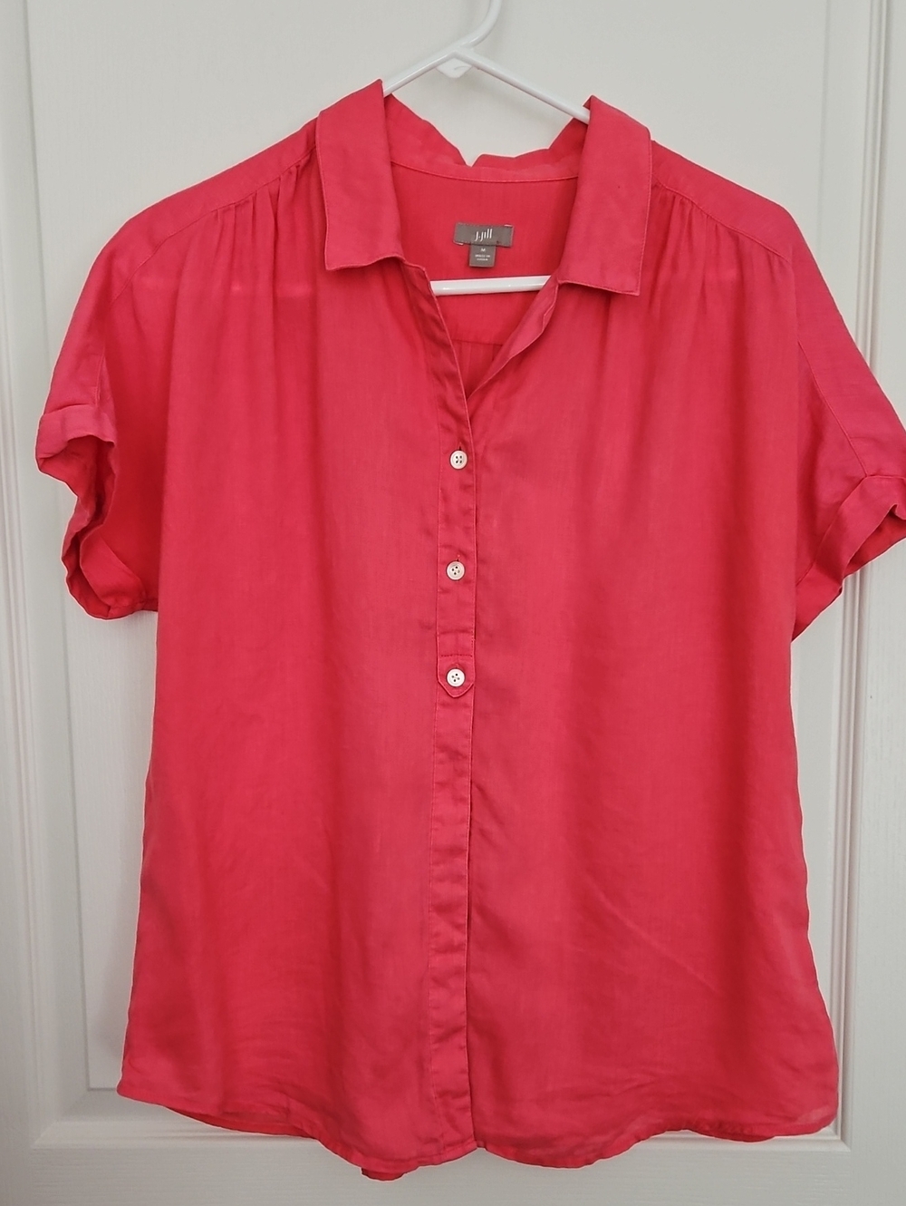J. Jill Coral-Pink Button Front Short Sleeve Shirt, Medium